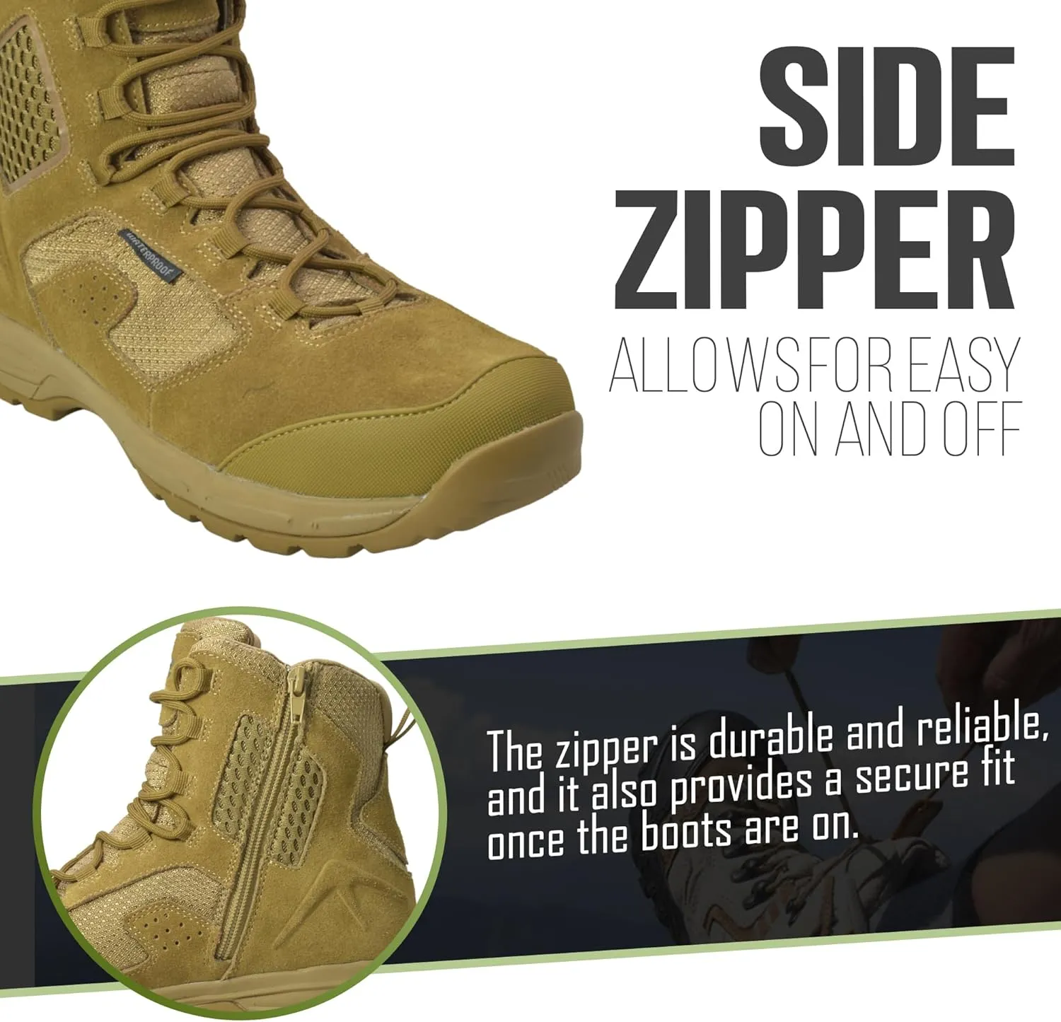 Ad Tec Tactical Boots For Men - 8 Suede Leather & Waterproof Boots With Side Zipper - Men's Work & Safety Boots With Oil & Slip Resistant Outsole, Coyote