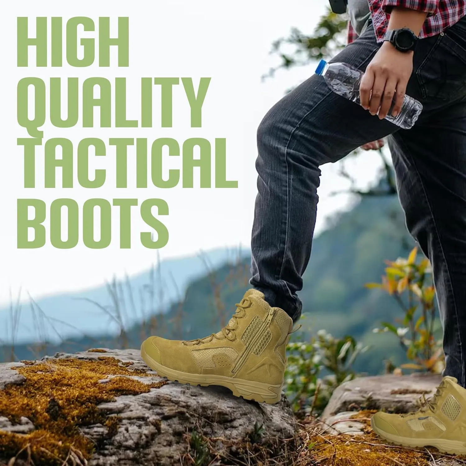 Ad Tec Tactical Boots For Men - 8 Suede Leather & Waterproof Boots With Side Zipper - Men's Work & Safety Boots With Oil & Slip Resistant Outsole, Coyote