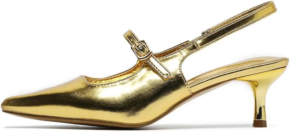 Amoji Womens Pointed Toe Pumps Slingback Kitten Heels Party Wedding Dress Shoes FZ329