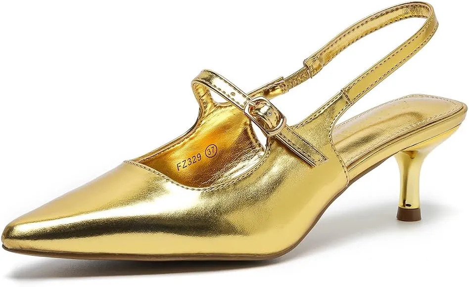 Amoji Womens Pointed Toe Pumps Slingback Kitten Heels Party Wedding Dress Shoes FZ329