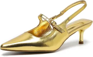 Amoji Womens Pointed Toe Pumps Slingback Kitten Heels Party Wedding Dress Shoes FZ329