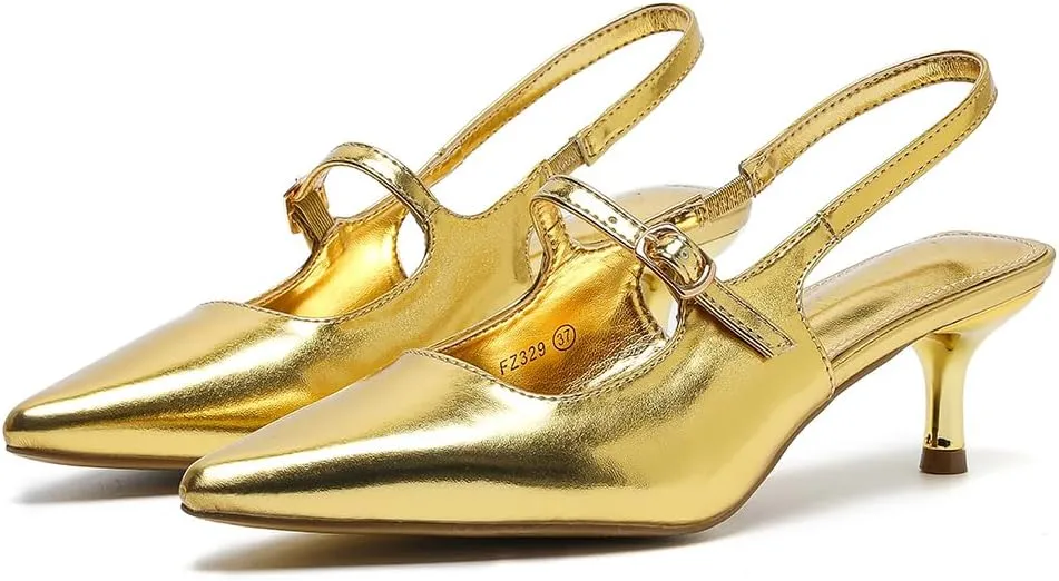 Amoji Womens Pointed Toe Pumps Slingback Kitten Heels Party Wedding Dress Shoes FZ329