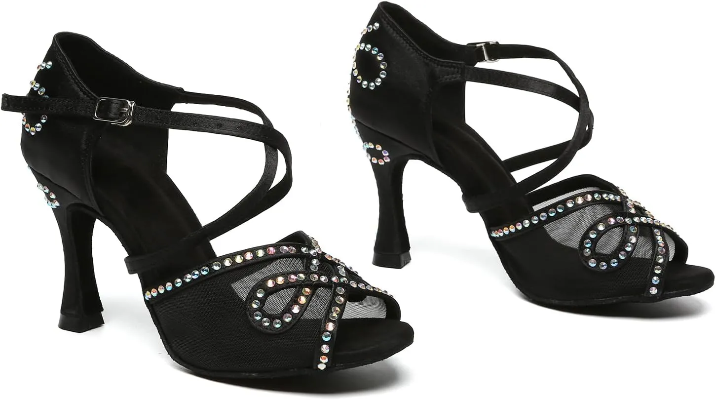 AOQUNFS Rhinestones Latin Dance Shoes Mesh Ballroom Salsa Practice Performance Dance Shoes for Women