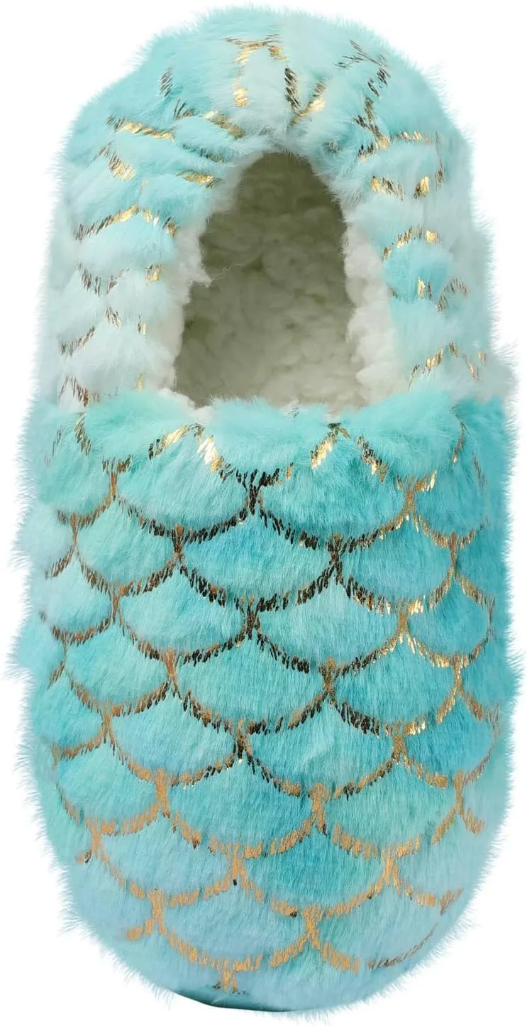 BEARAE Girls Mermaid Princess Toddler Slippers, No-Slip Comfy Kids Slippers, Memory Foam House Shoes, Cute Faux Fur Slip-On House Slipper