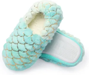 BEARAE Girls Mermaid Princess Toddler Slippers, No-Slip Comfy Kids Slippers, Memory Foam House Shoes, Cute Faux Fur Slip-On House Slipper