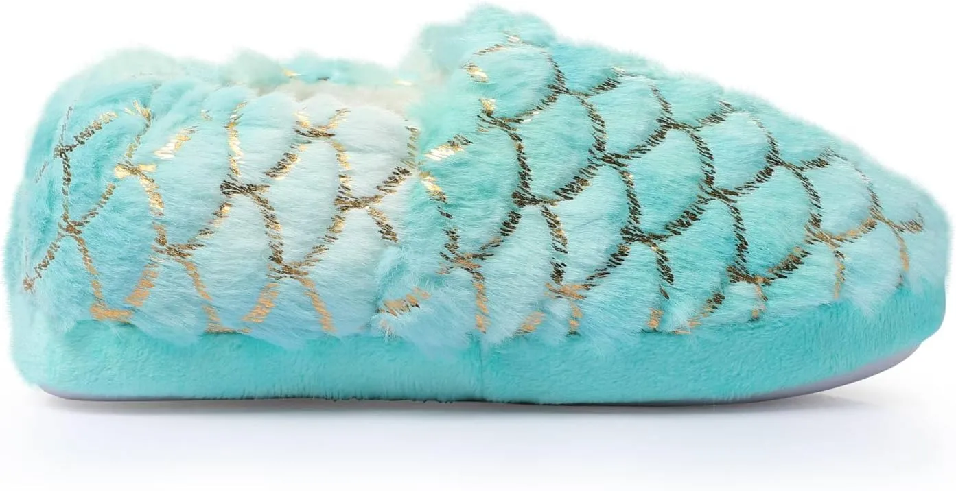 BEARAE Girls Mermaid Princess Toddler Slippers, No-Slip Comfy Kids Slippers, Memory Foam House Shoes, Cute Faux Fur Slip-On House Slipper