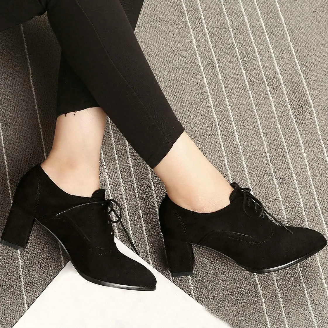 BEAUPAS Women's Chunky Lace Up Oxford Block High Heels Pointed Toe Pumps Shoes
