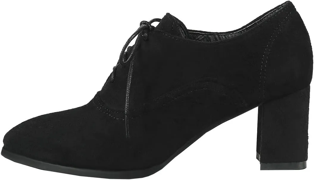 BEAUPAS Women's Chunky Lace Up Oxford Block High Heels Pointed Toe Pumps Shoes