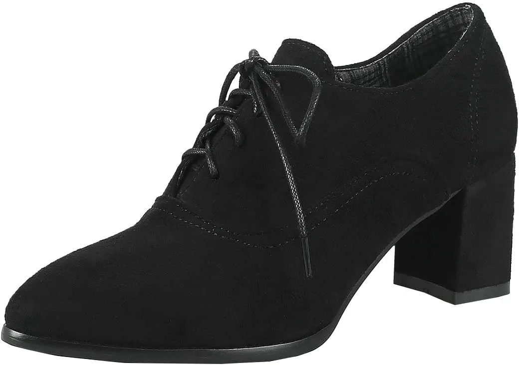 BEAUPAS Women's Chunky Lace Up Oxford Block High Heels Pointed Toe Pumps Shoes