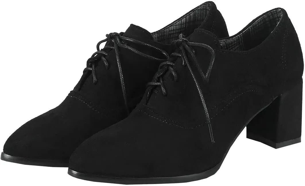 BEAUPAS Women's Chunky Lace Up Oxford Block High Heels Pointed Toe Pumps Shoes