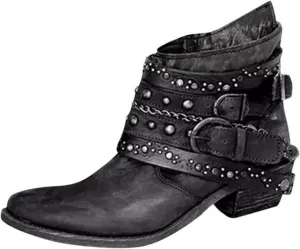 Black Cowboy Boots for Women Ankle Comfortable Booties for Women Ladies Booties Ankle Boots Boot Shoes for Women Round Toe Flat Heel Square Toe Slip On Side Zipper