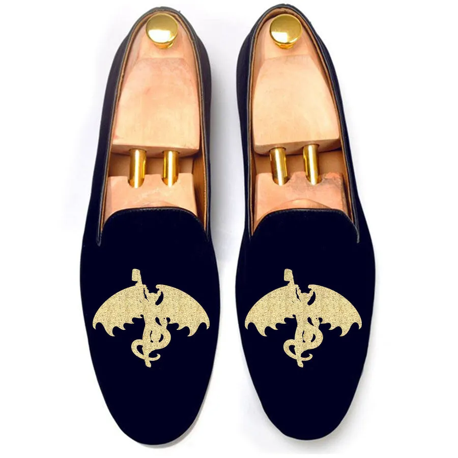 Blue Velvet Gargoyle With Beer Embroidered Loafers