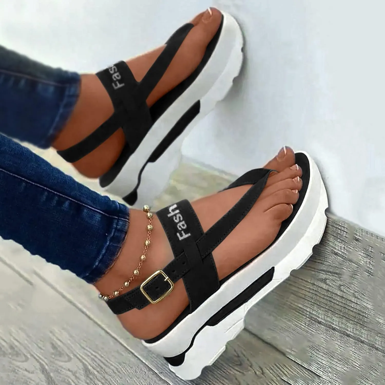 Cathalem Heeled Sandals for Women Ladies Fashion Flock Wedge Heel Pinch Toe Platform Buckle Wedge Heels for Women