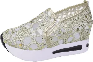 Cathalem Mesh Sneakers for Women Wedge Floral Shoes Slip On Breathable Walking Shoes Women Comfort Embroidery Platform Sneakers