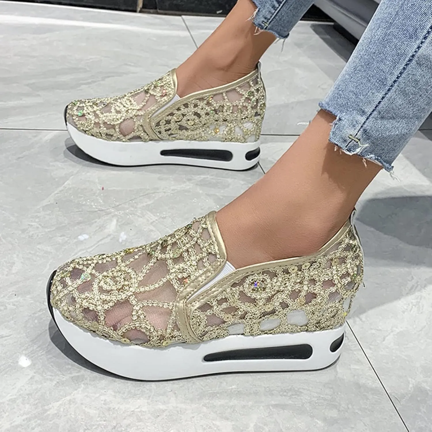 Cathalem Mesh Sneakers for Women Wedge Floral Shoes Slip On Breathable Walking Shoes Women Comfort Embroidery Platform Sneakers