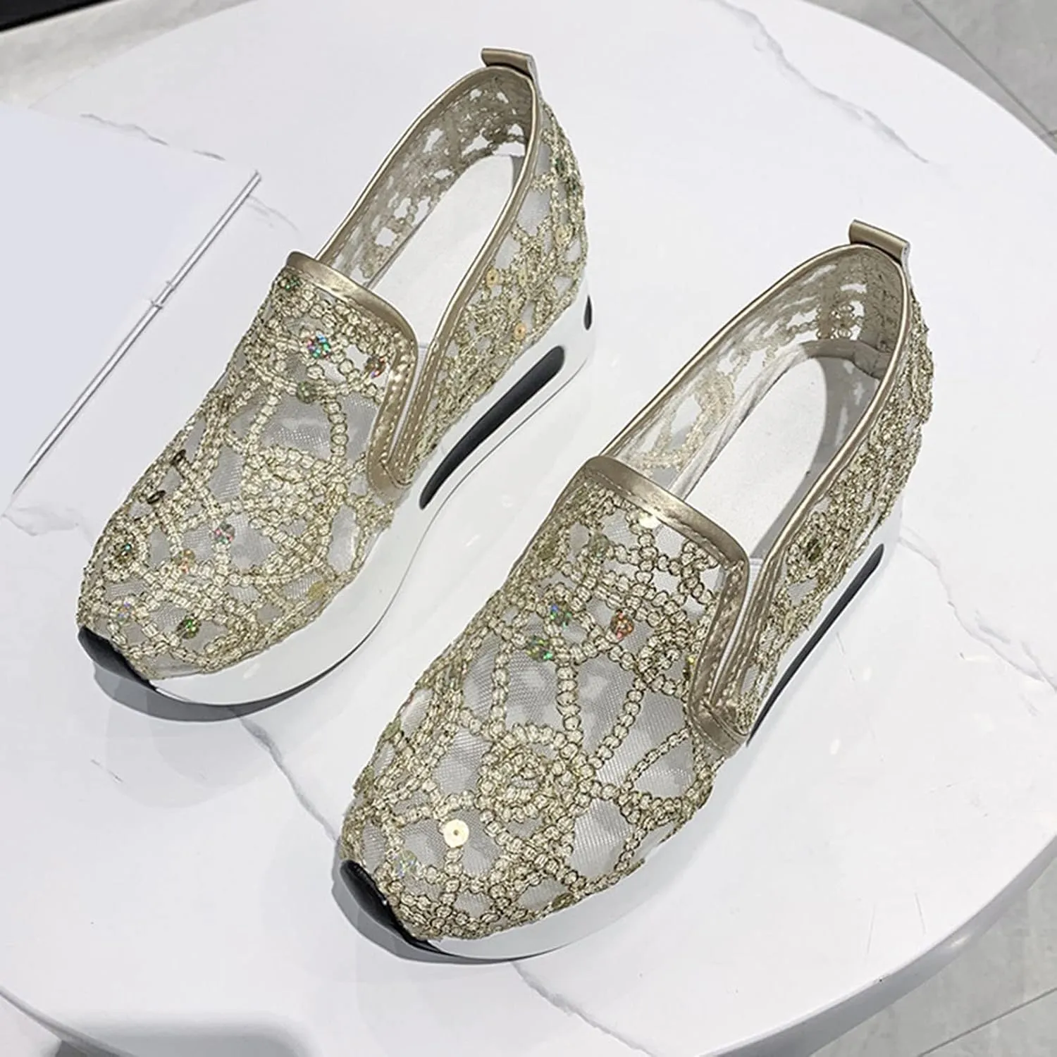 Cathalem Mesh Sneakers for Women Wedge Floral Shoes Slip On Breathable Walking Shoes Women Comfort Embroidery Platform Sneakers