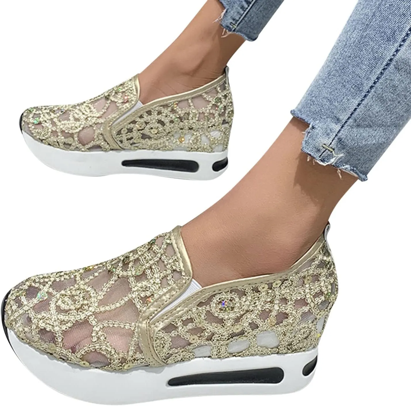 Cathalem Mesh Sneakers for Women Wedge Floral Shoes Slip On Breathable Walking Shoes Women Comfort Embroidery Platform Sneakers