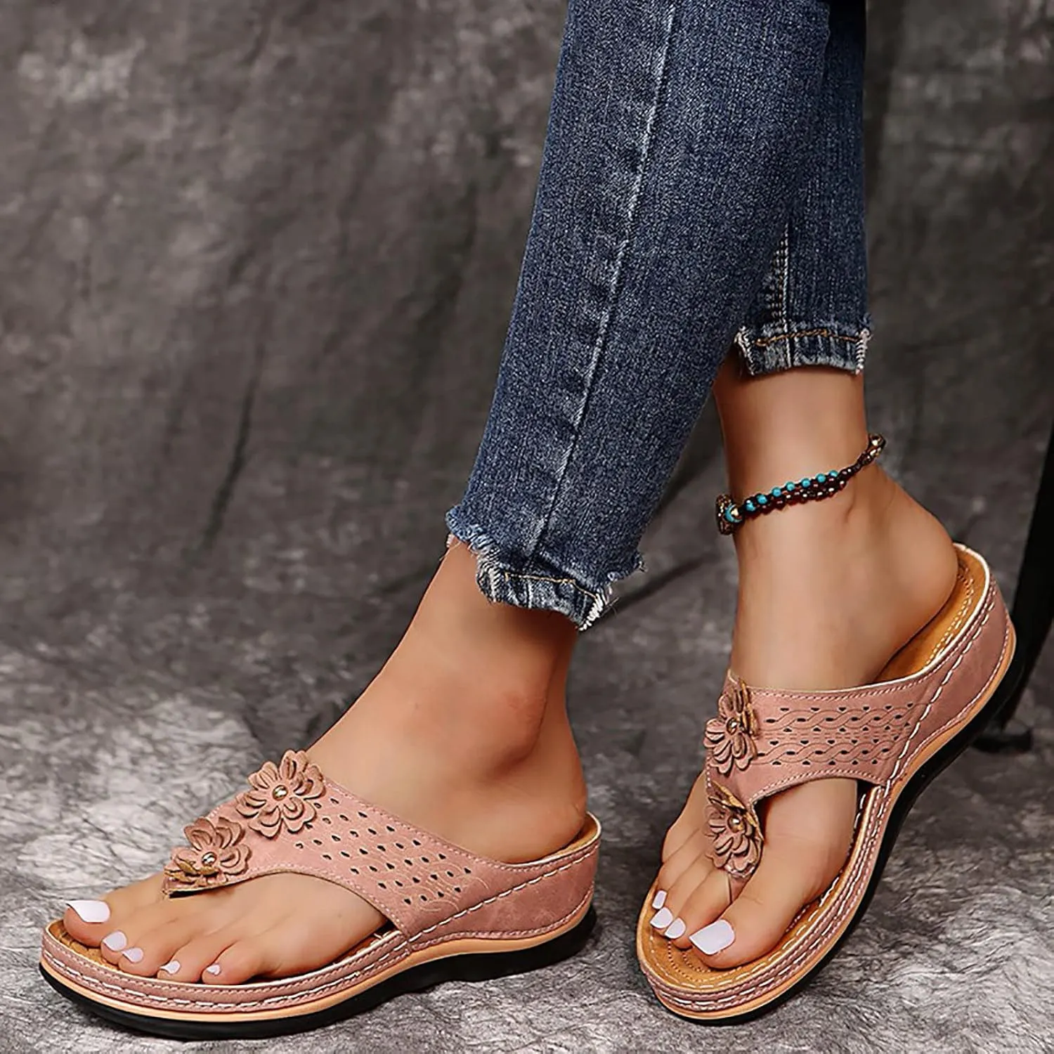 Cathalem Sandals for Women Dressy Summer,Women's Slip On Arch Support Sandals Floral Clip Toe Wedge Platform Slides Slippers