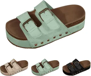 Cathalem Summer Sandals for Women 2024 Comfortable Leather Memory Foam Beach Vacation Essentials Slides for Women