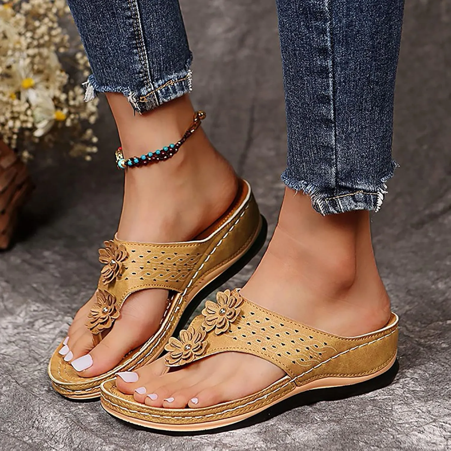 Cathalem Summer Sandals for Women 2024 Platform Arch Support Sandal Bohemian Anti-Slip Shoes Comfortable Beach Travel Sandals