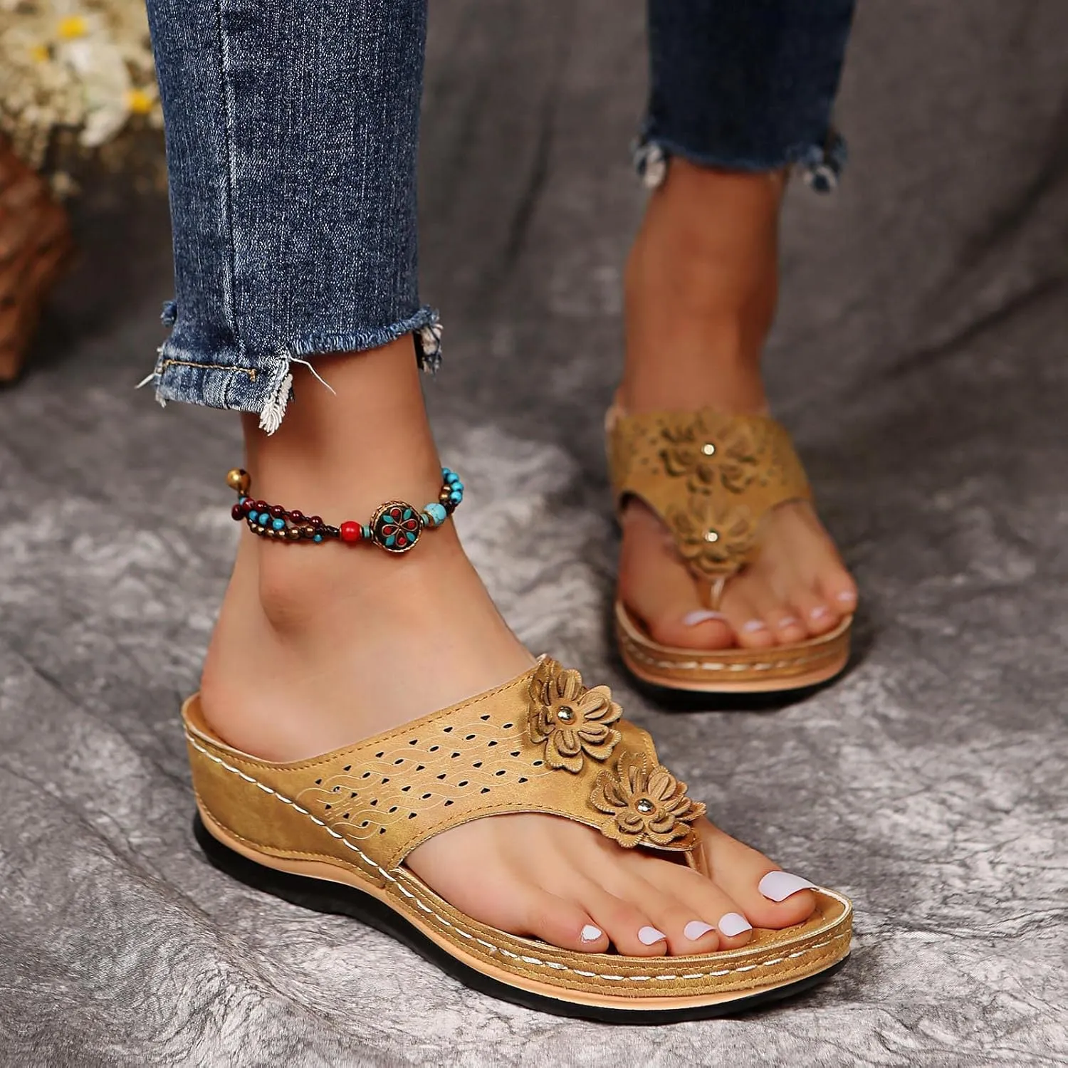 Cathalem Summer Sandals for Women 2024 Platform Arch Support Sandal Bohemian Anti-Slip Shoes Comfortable Beach Travel Sandals