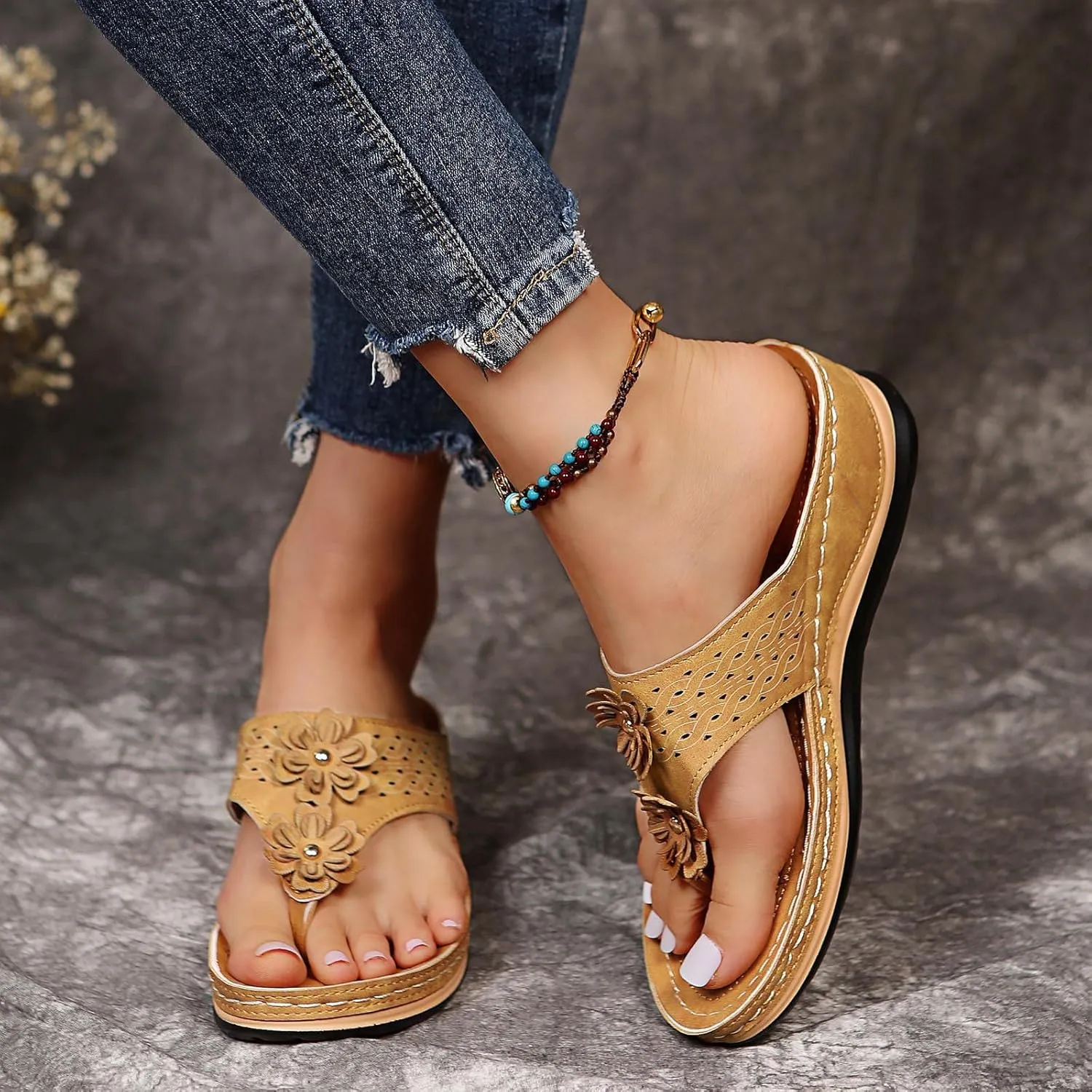 Cathalem Summer Sandals for Women 2024 Platform Arch Support Sandal Bohemian Anti-Slip Shoes Comfortable Beach Travel Sandals
