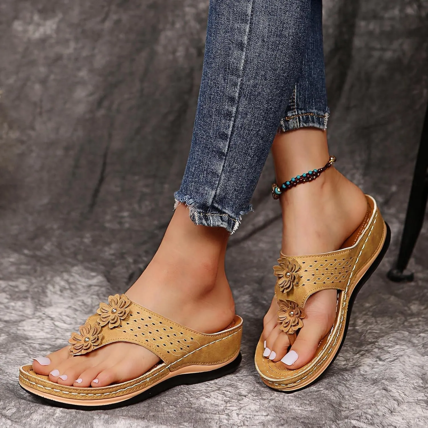 Cathalem Summer Sandals for Women 2024 Platform Arch Support Sandal Bohemian Anti-Slip Shoes Comfortable Beach Travel Sandals