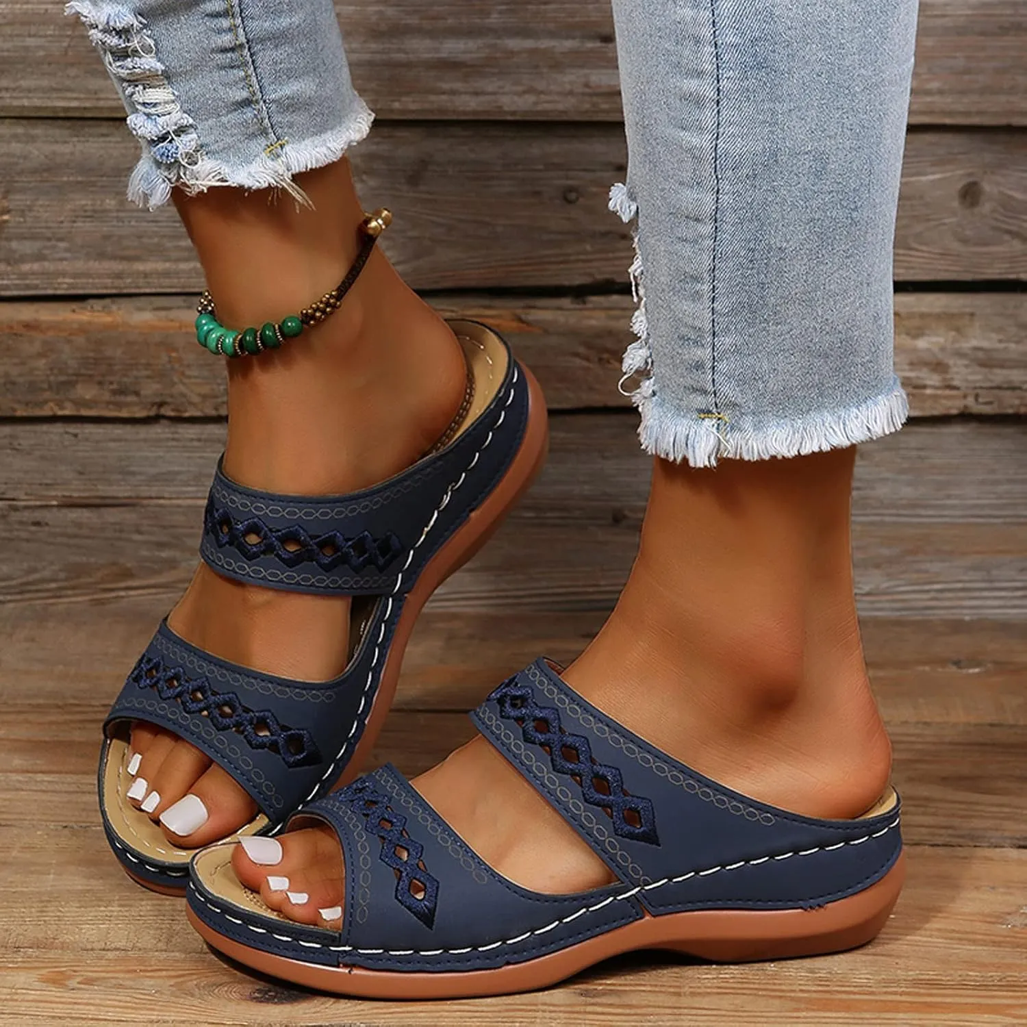 Cathalem Summer Sandals for Women 2024 Womens Orthopedic Walking Shoes Black Flat Sandals for Women Arch Support Slides for Women