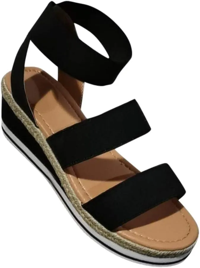 Cathalem Wedge Sandals for Women,Elastic Ankle Strap Open Toe Platform Sandals Dressy Summer Casual Comfortable Wedges Shoes for Outdoor