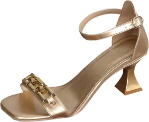 Chunky Heeled Sandals for Women Two Strap Square Toe Ankle Strap Arch Support Slides Adjustable Buckle Wedding Party