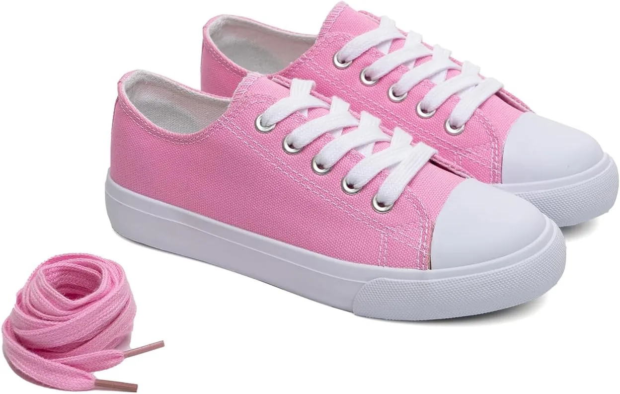 Classic Unisex Low-Top Canvas Sneakers ?C Boys Girls and Toddler Casual Lace-Up Shoes with Rubber Sole, Includes Extra White Shoelaces