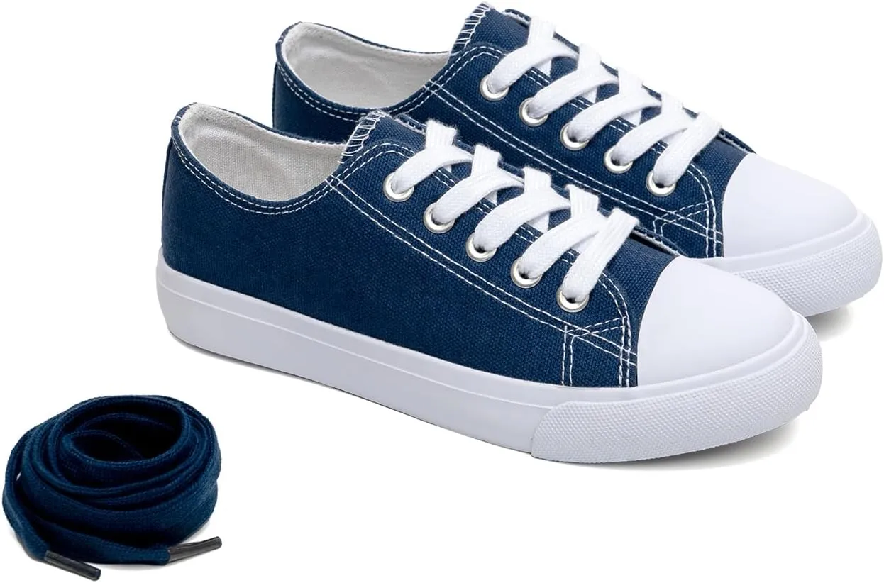 Classic Unisex Low-Top Canvas Sneakers ?C Boys Girls and Toddler Casual Lace-Up Shoes with Rubber Sole, Includes Extra White Shoelaces