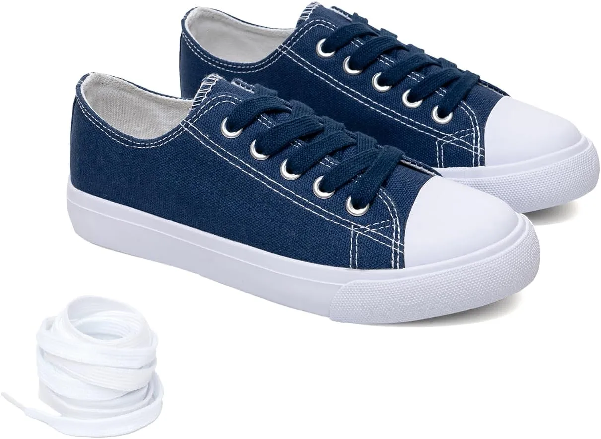 Classic Unisex Low-Top Canvas Sneakers ?C Boys Girls and Toddler Casual Lace-Up Shoes with Rubber Sole, Includes Extra White Shoelaces