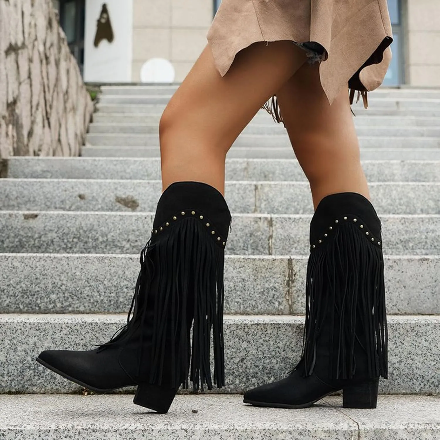 Cowboy Boots for Women Trendy Tassels Knee High Boots Chunky Block Heel Pointed Toe Back Zipper Combat Booties