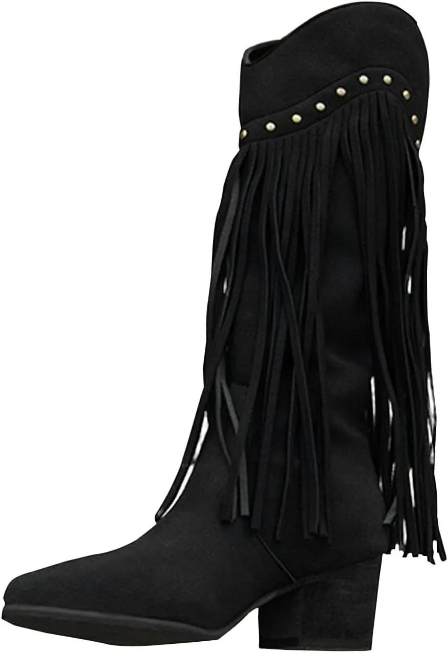 Cowboy Boots for Women Trendy Tassels Knee High Boots Chunky Block Heel Pointed Toe Back Zipper Combat Booties