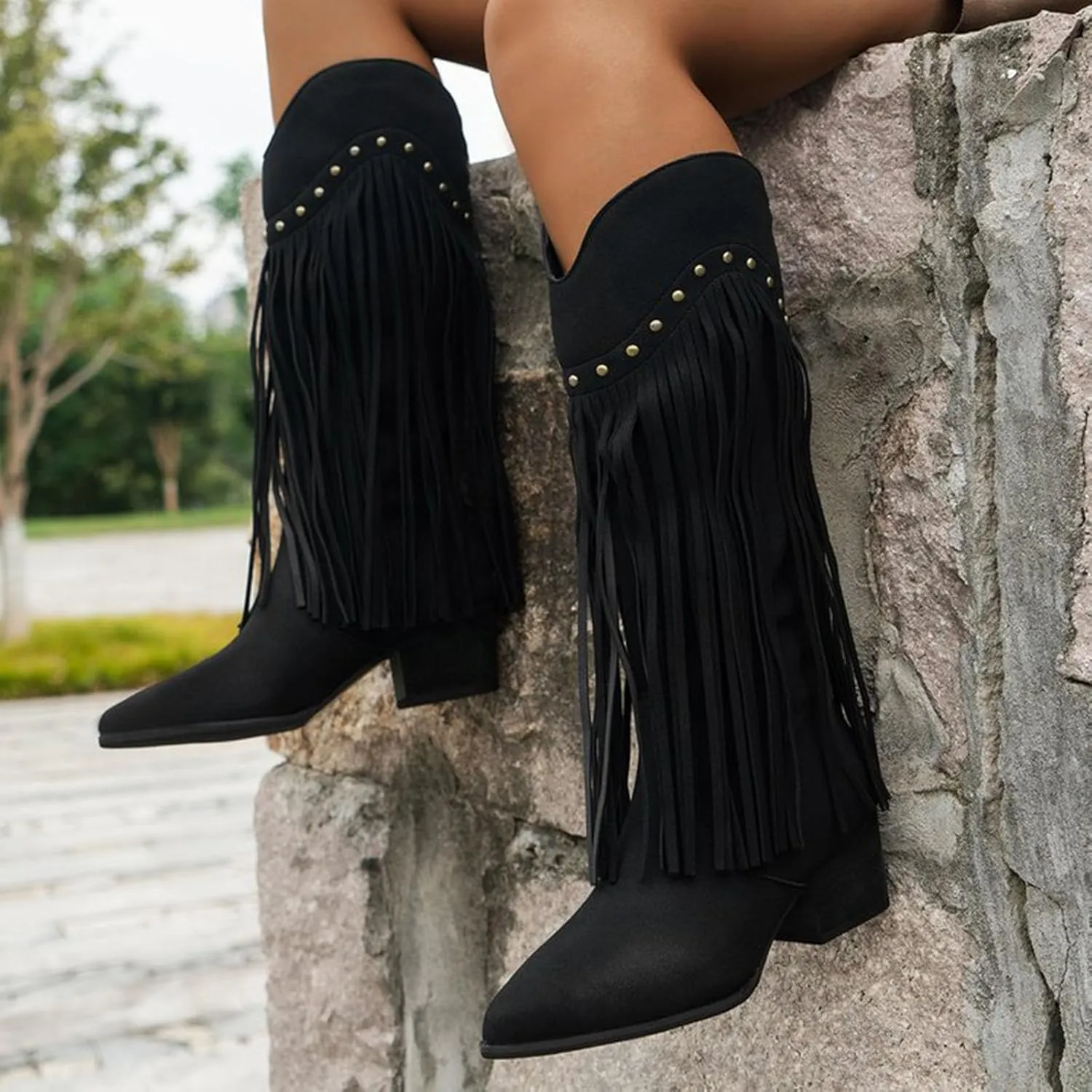 Cowboy Boots for Women Trendy Tassels Knee High Boots Chunky Block Heel Pointed Toe Back Zipper Combat Booties