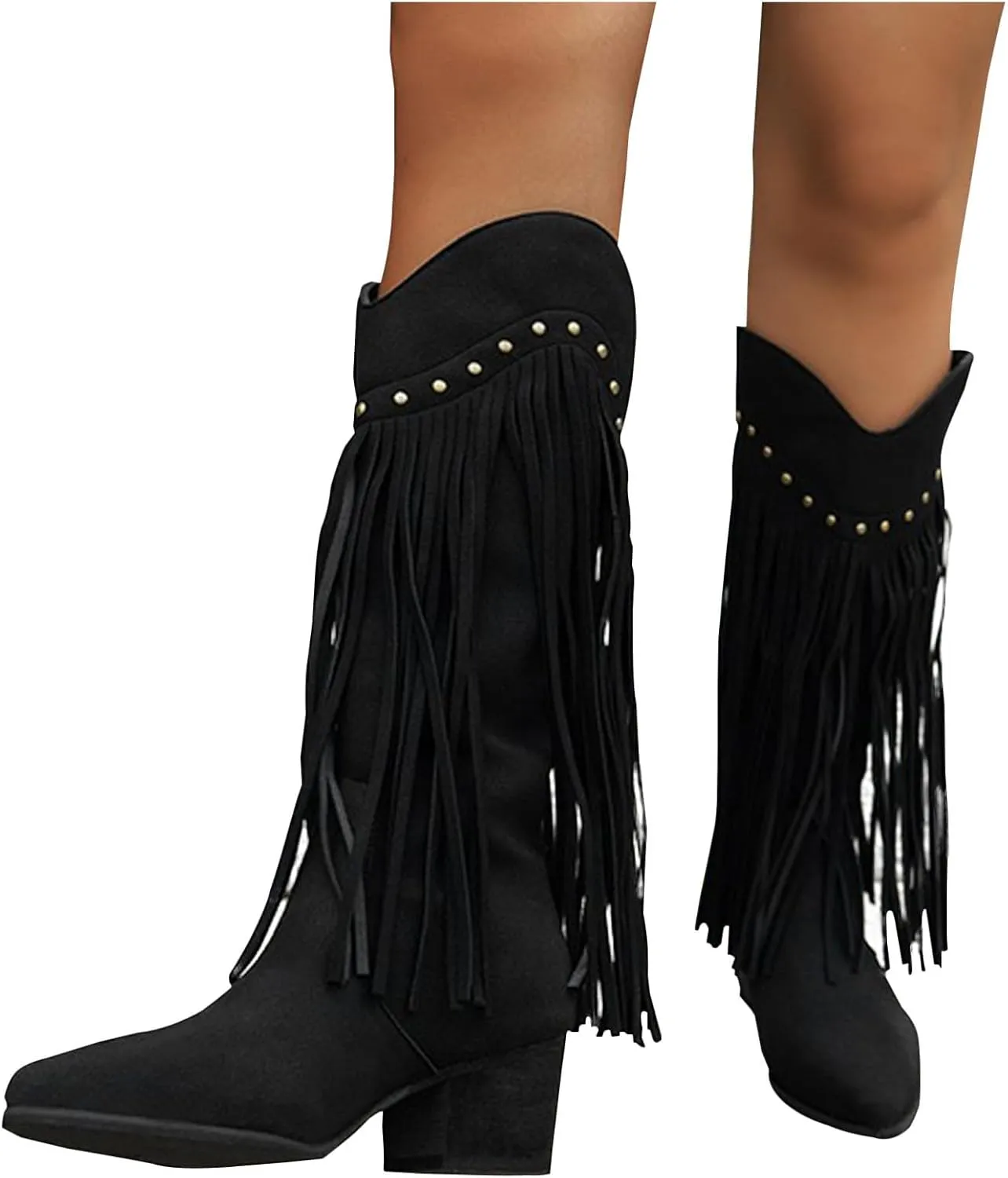 Cowboy Boots for Women Trendy Tassels Knee High Boots Chunky Block Heel Pointed Toe Back Zipper Combat Booties