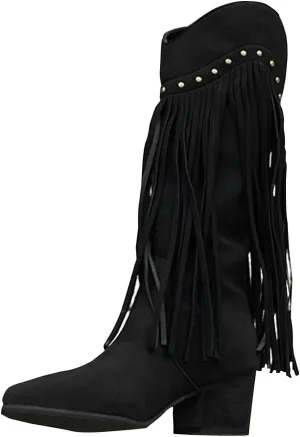 Cowboy Boots for Women Trendy Tassels Knee High Boots Chunky Block Heel Pointed Toe Back Zipper Combat Booties