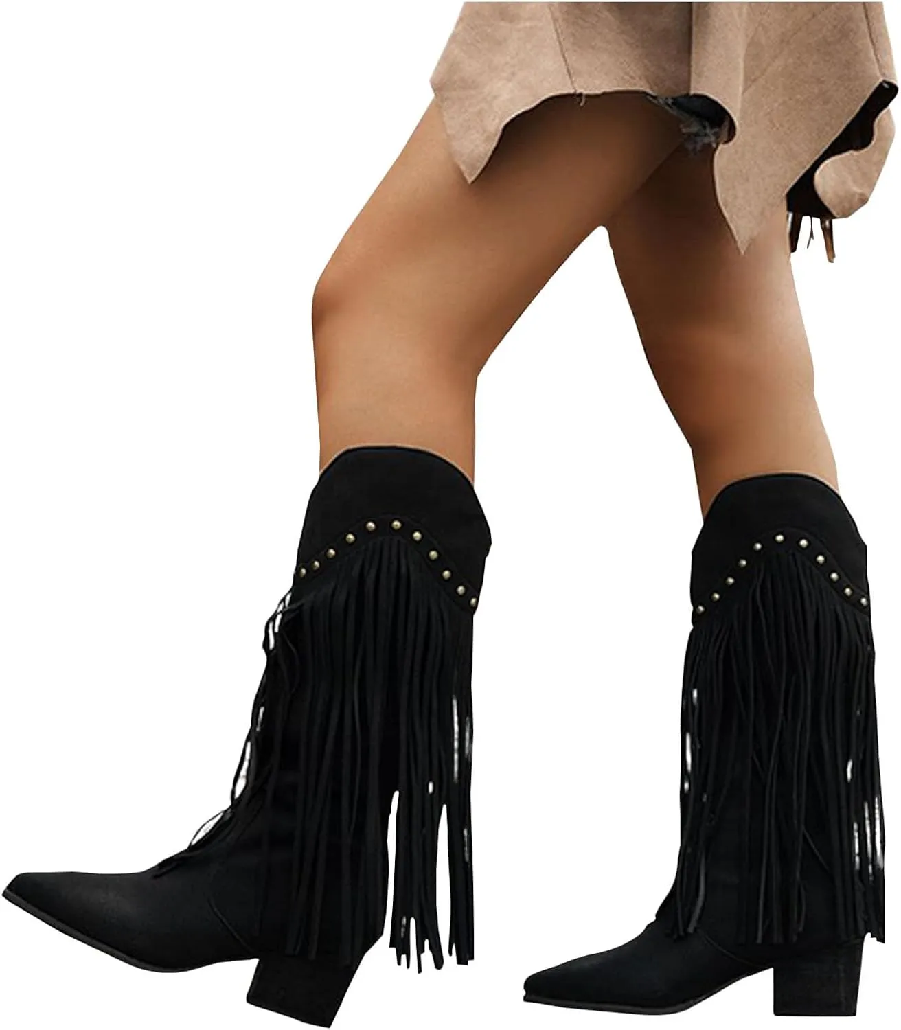 Cowboy Boots for Women Trendy Tassels Knee High Boots Chunky Block Heel Pointed Toe Back Zipper Combat Booties