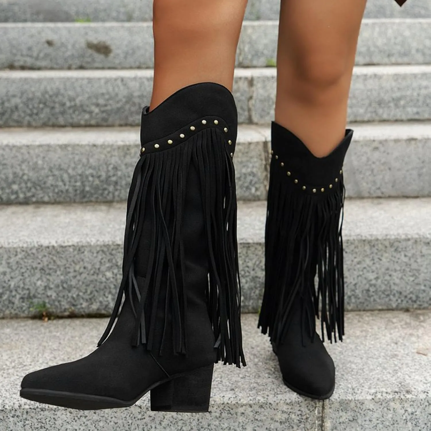 Cowboy Boots for Women Trendy Tassels Knee High Boots Chunky Block Heel Pointed Toe Back Zipper Combat Booties