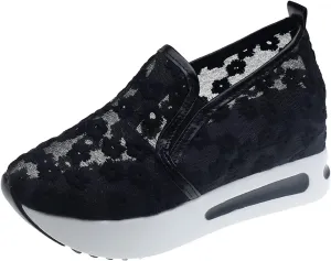 Fashion Wedge Heeled Sneakers for Women Platform Sneakers Non-Slip Women Wedge Tennis Shoes Ladies Breathable Slip On Loafers Lace Floral Embroidery Casual Low Top Chunky Walking Shoes