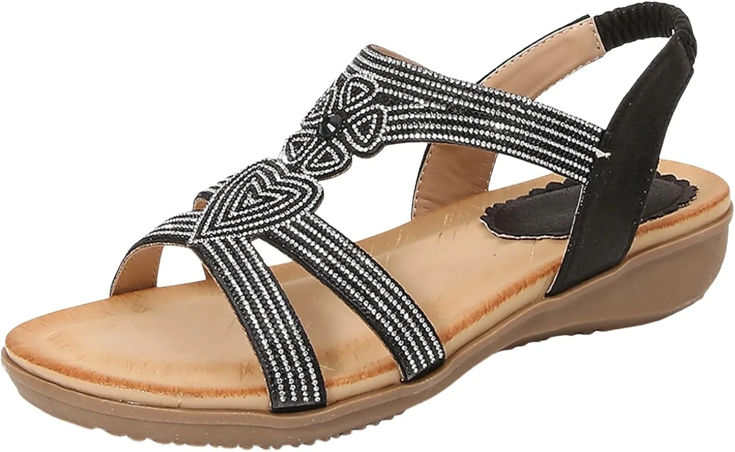 Flat Sandals for Women Ankle Elastic Jeweled Bohemian Flats Black Sandals Women Open Toe Slingback Shoes
