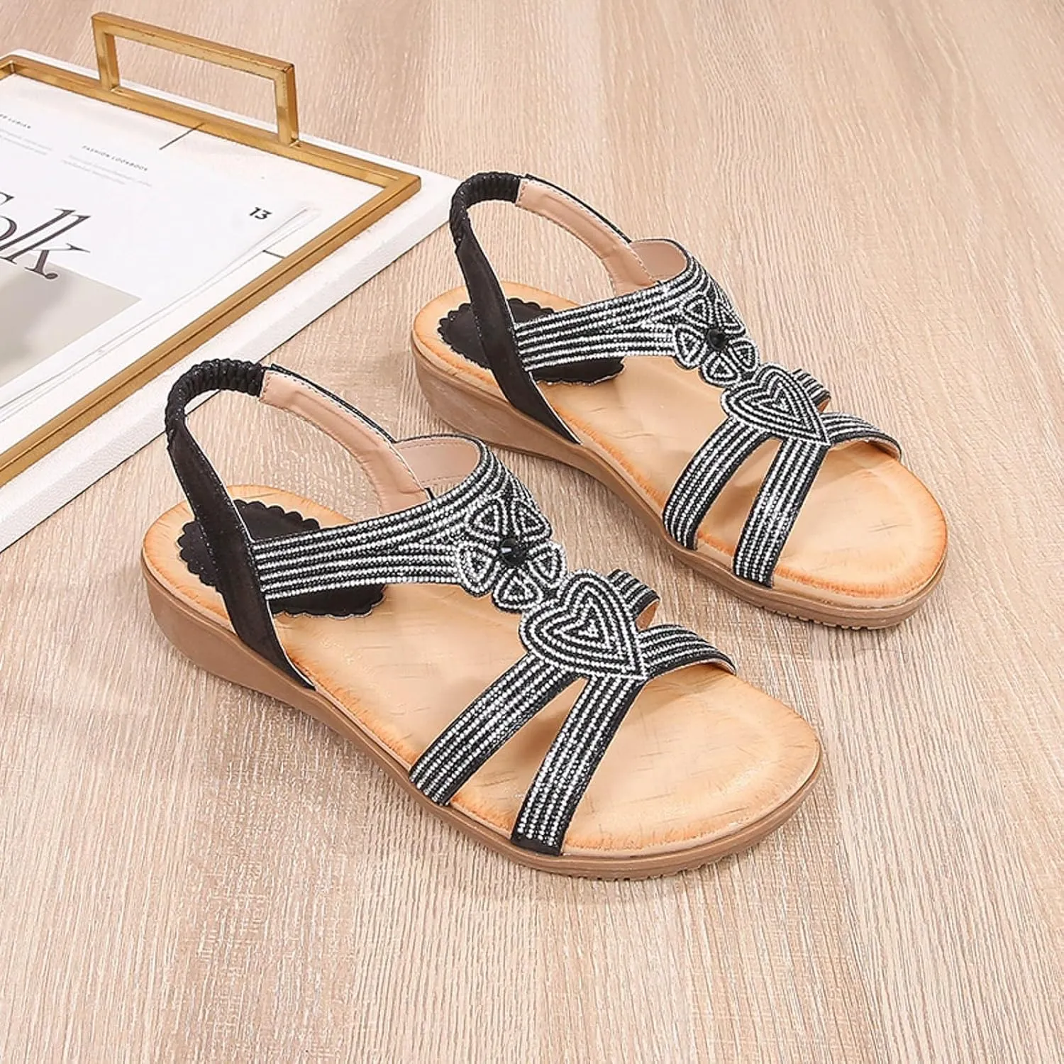 Flat Sandals for Women Ankle Elastic Jeweled Bohemian Flats Black Sandals Women Open Toe Slingback Shoes