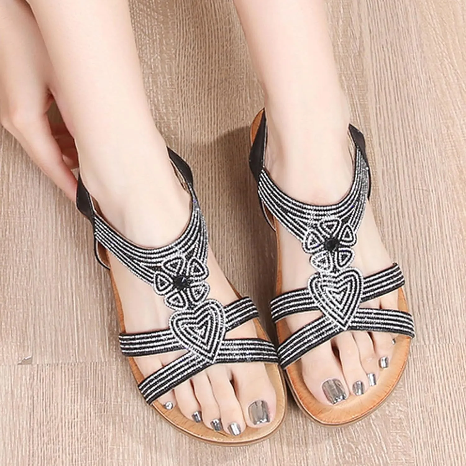 Flat Sandals for Women Ankle Elastic Jeweled Bohemian Flats Black Sandals Women Open Toe Slingback Shoes