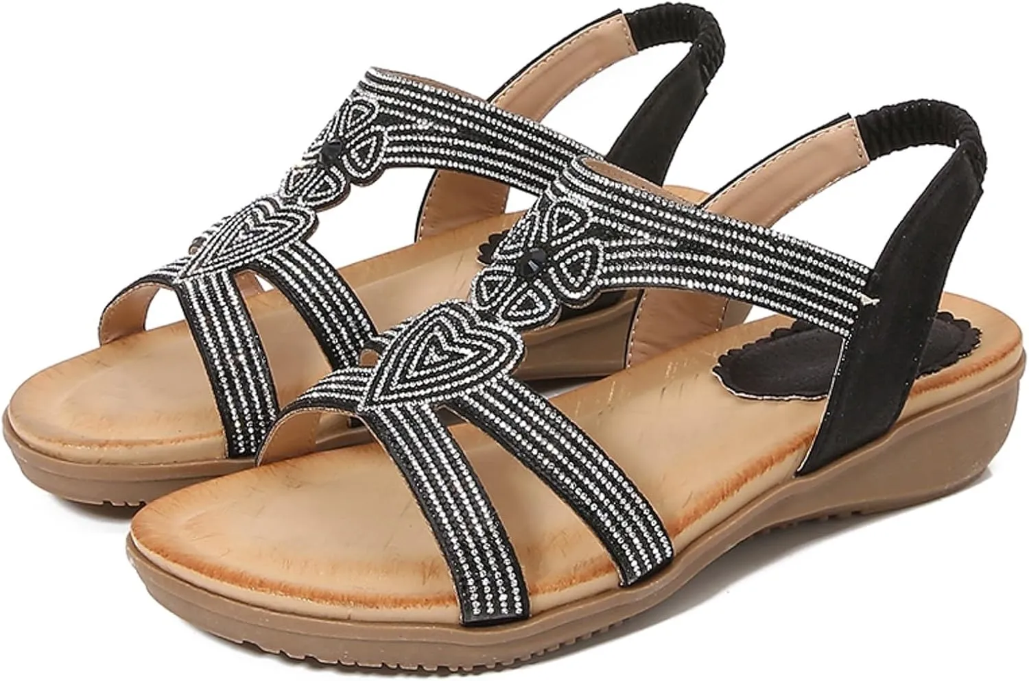 Flat Sandals for Women Ankle Elastic Jeweled Bohemian Flats Black Sandals Women Open Toe Slingback Shoes