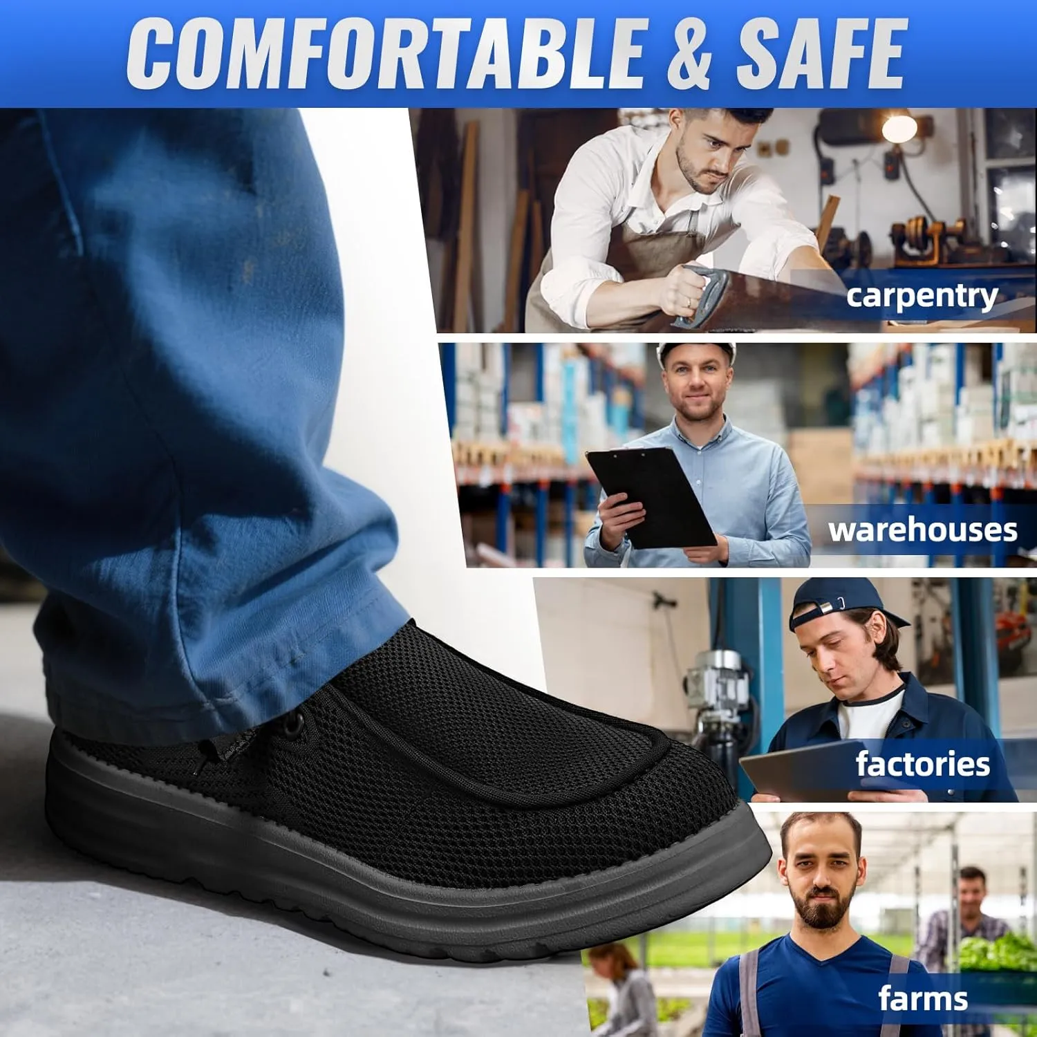 Furuian Slip On Steel Toe Shoes for Men Safety Steel Toe Loafers Comfortable Mens Slip On Work Shoes Lightweight Work Safety Footwear