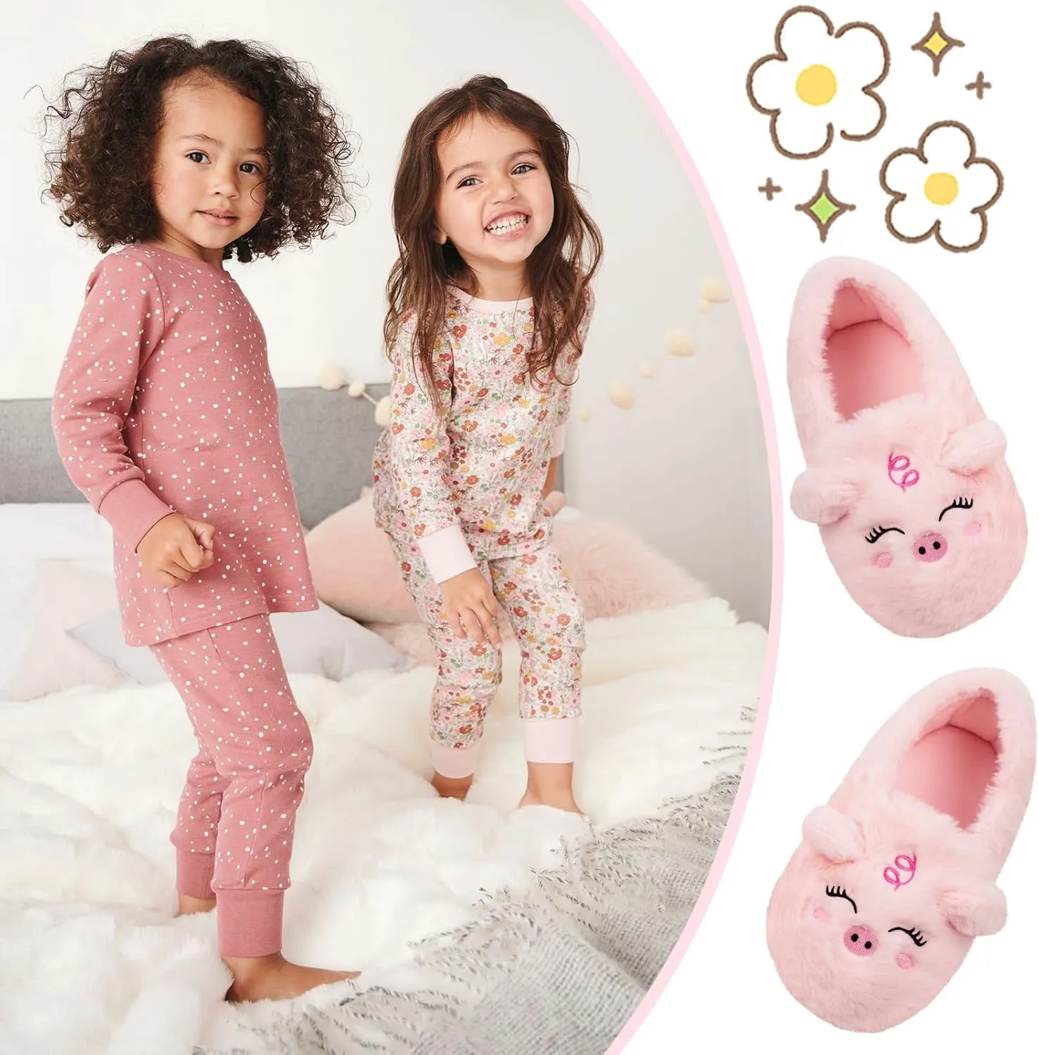 Girls Fluffy Mermaid Star House Slippers Cozy Warm Slip-on Animal House Shoes for Kids Bedroom Indoor Outdoor