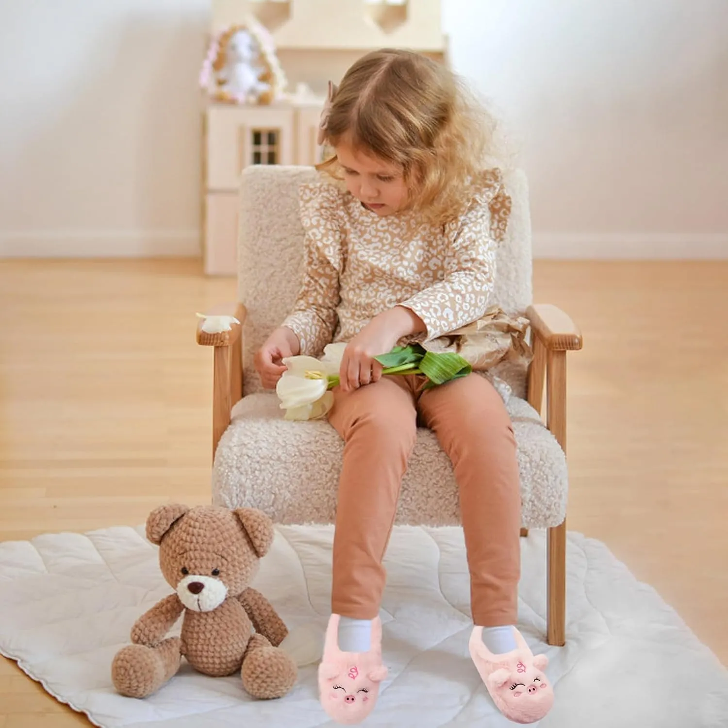 Girls Fluffy Mermaid Star House Slippers Cozy Warm Slip-on Animal House Shoes for Kids Bedroom Indoor Outdoor