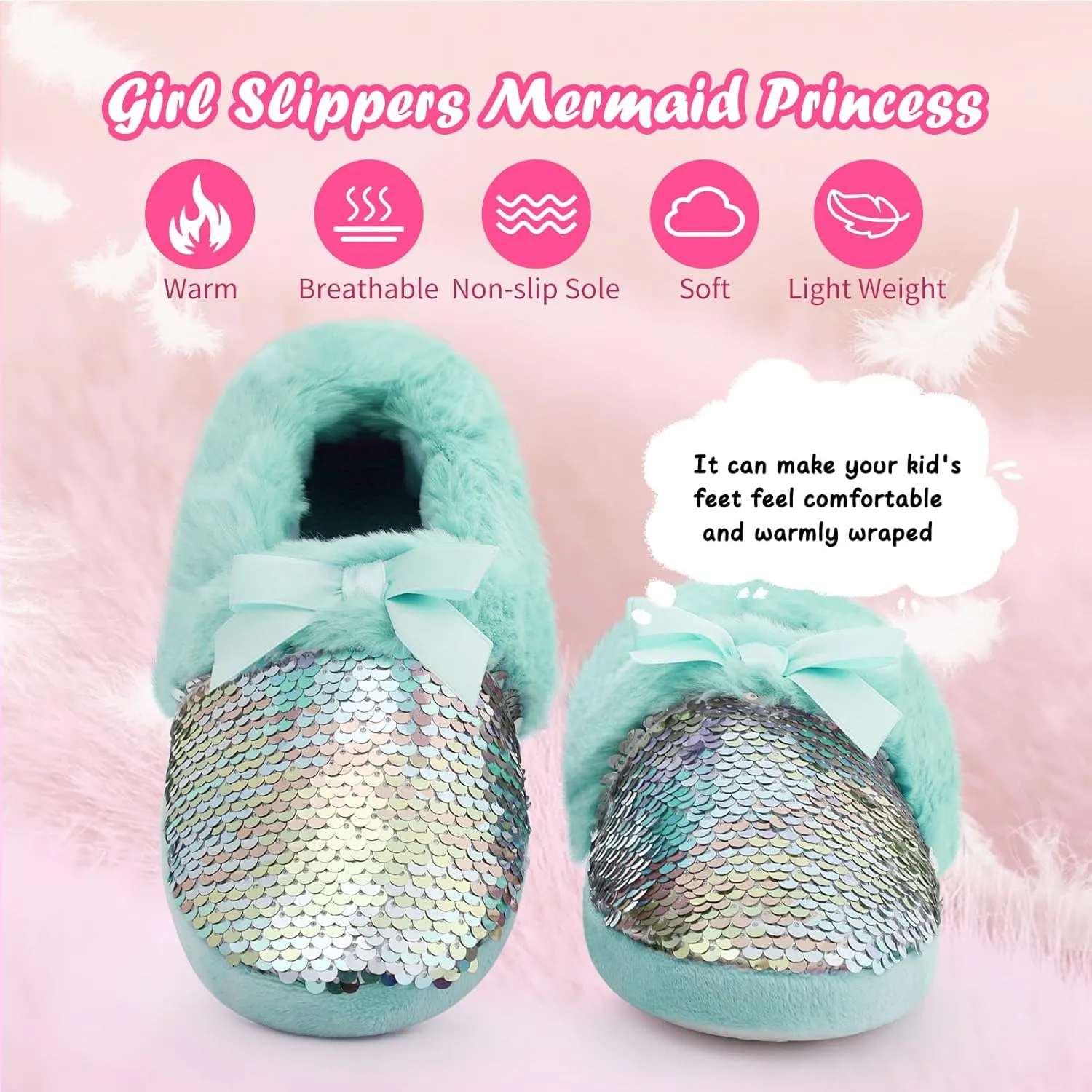 Girls Fluffy Sequin Slipper, Cozy Plush House Slippers with Ribbon Bow for Girls Bedroom Indoor Outdoor