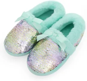 Girls Fluffy Sequin Slipper, Cozy Plush House Slippers with Ribbon Bow for Girls Bedroom Indoor Outdoor